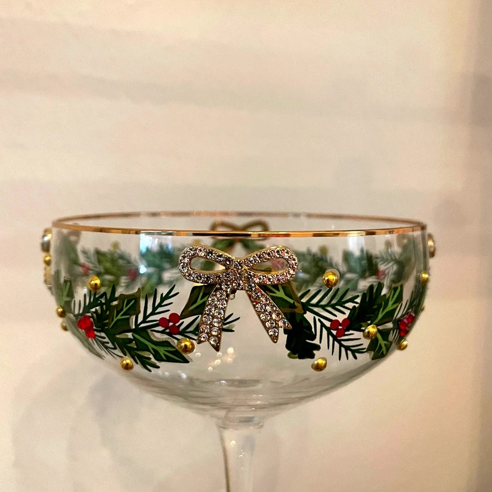 Christmas COUPE GLASSES Hand Painted & Jeweled Gold Bows Holly Garland Set of 2